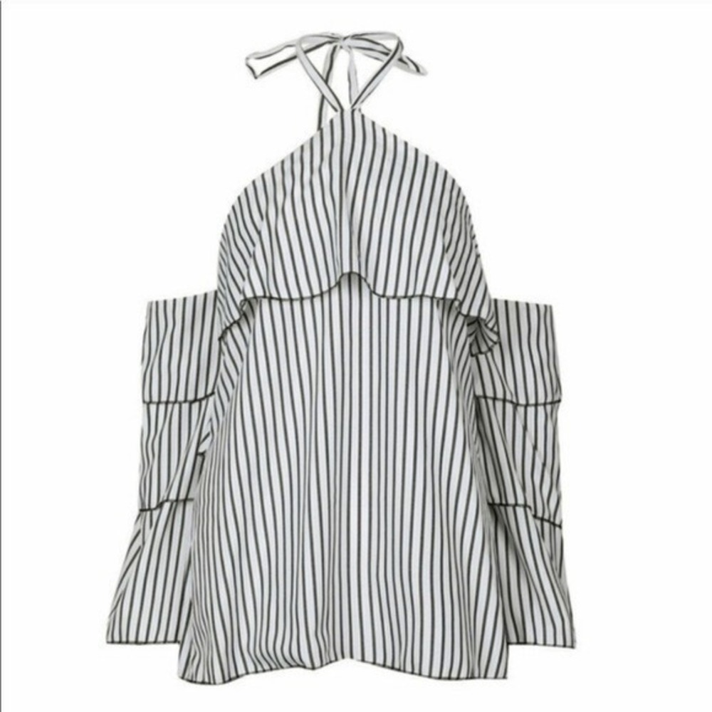 Striped Halter Cold Shoulder Ruffle Tiered Sleeve Blouse White Black S - Picture 2 of 7